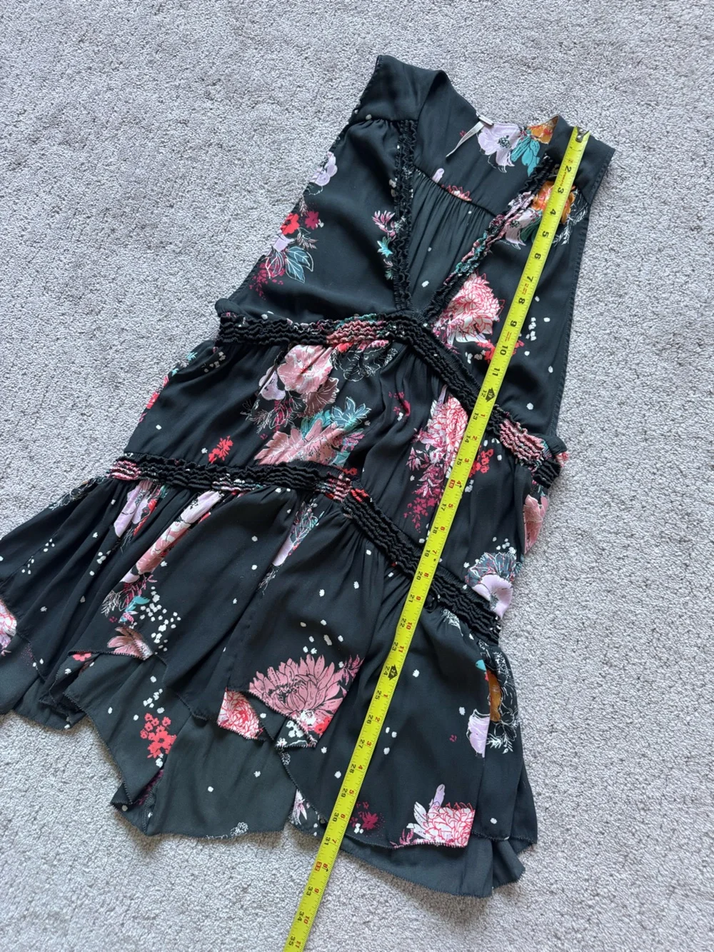 Free People Floral Tunic Dress Small Black Boho Tiered Mini Babydoll Sleeveless